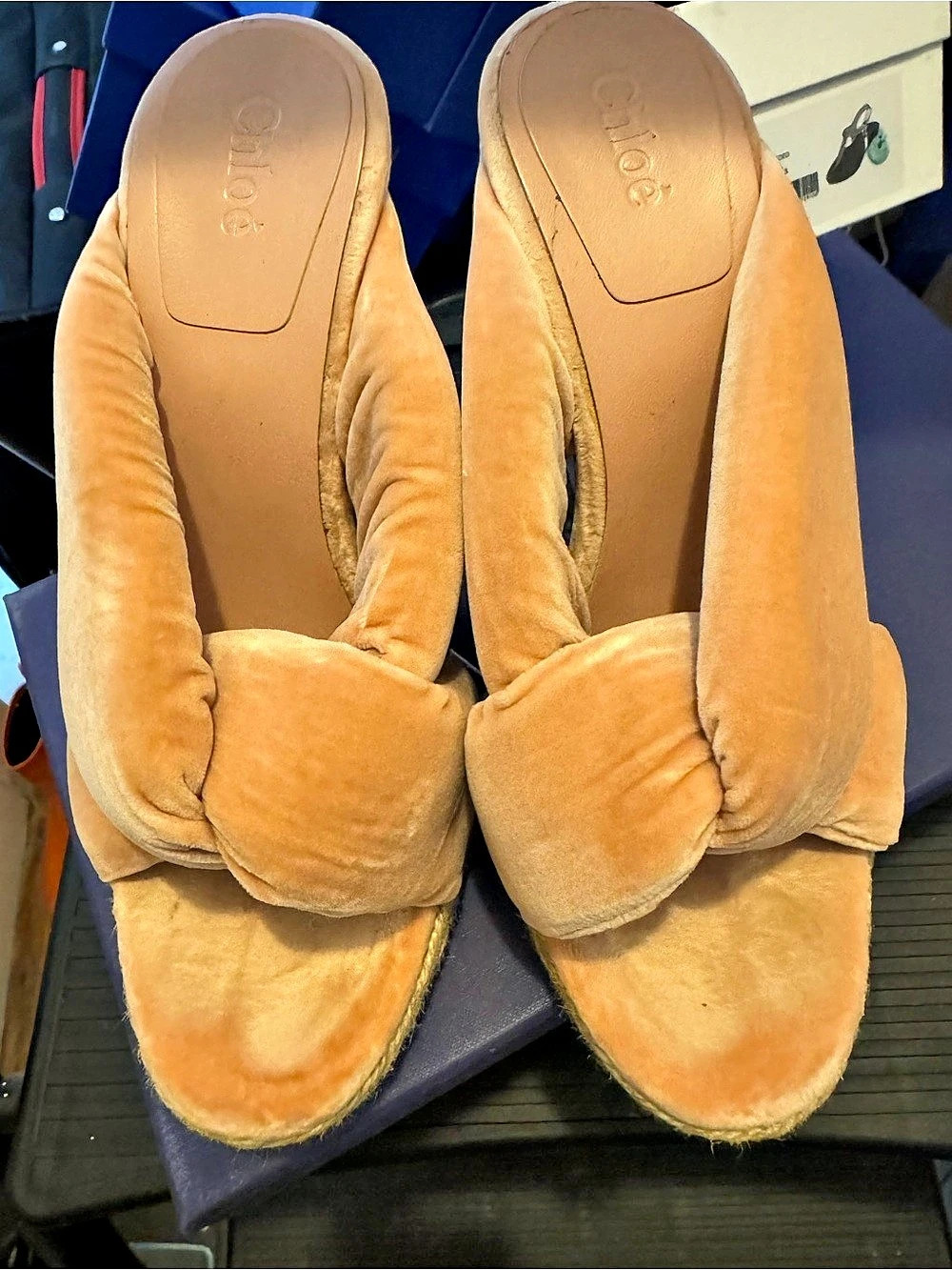 Chloe Velvet Wedge Sandals in Orange US 7